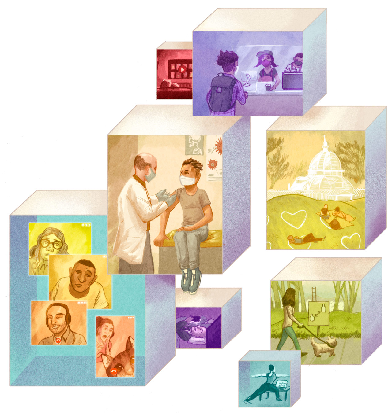 Illustrations of people living in the time of coronavirus