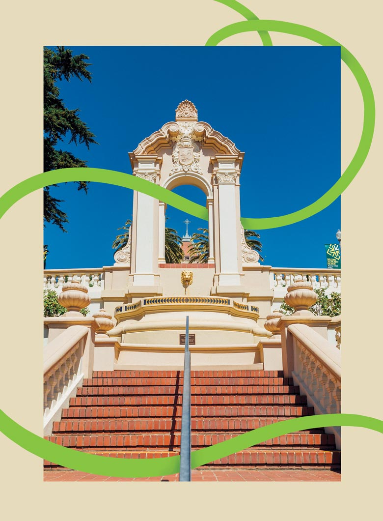 USF Lone Mountain arch with a green line winding through the arches