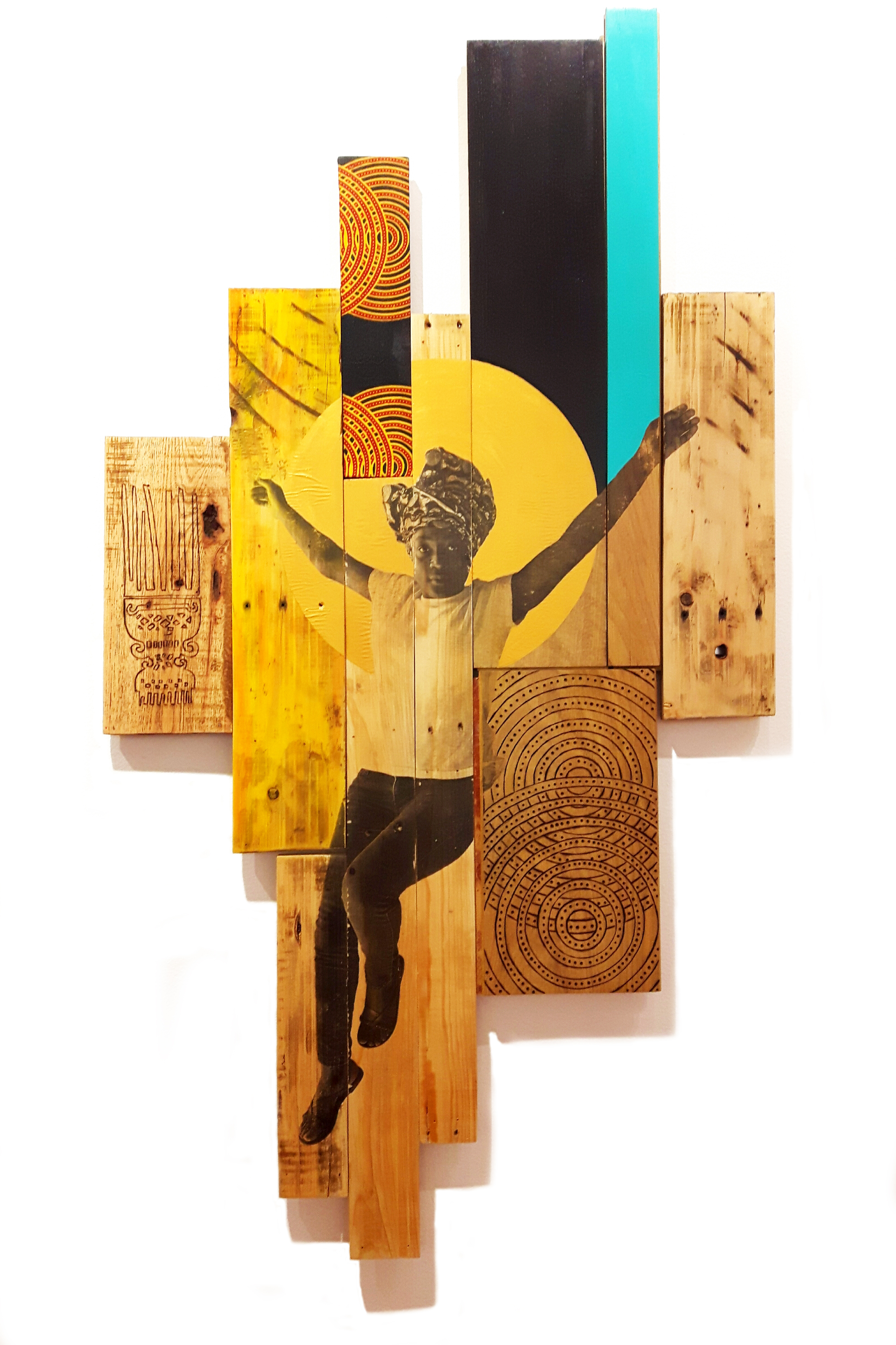 Shanna Strauss, When she rises, mixed media on found wood, 2018