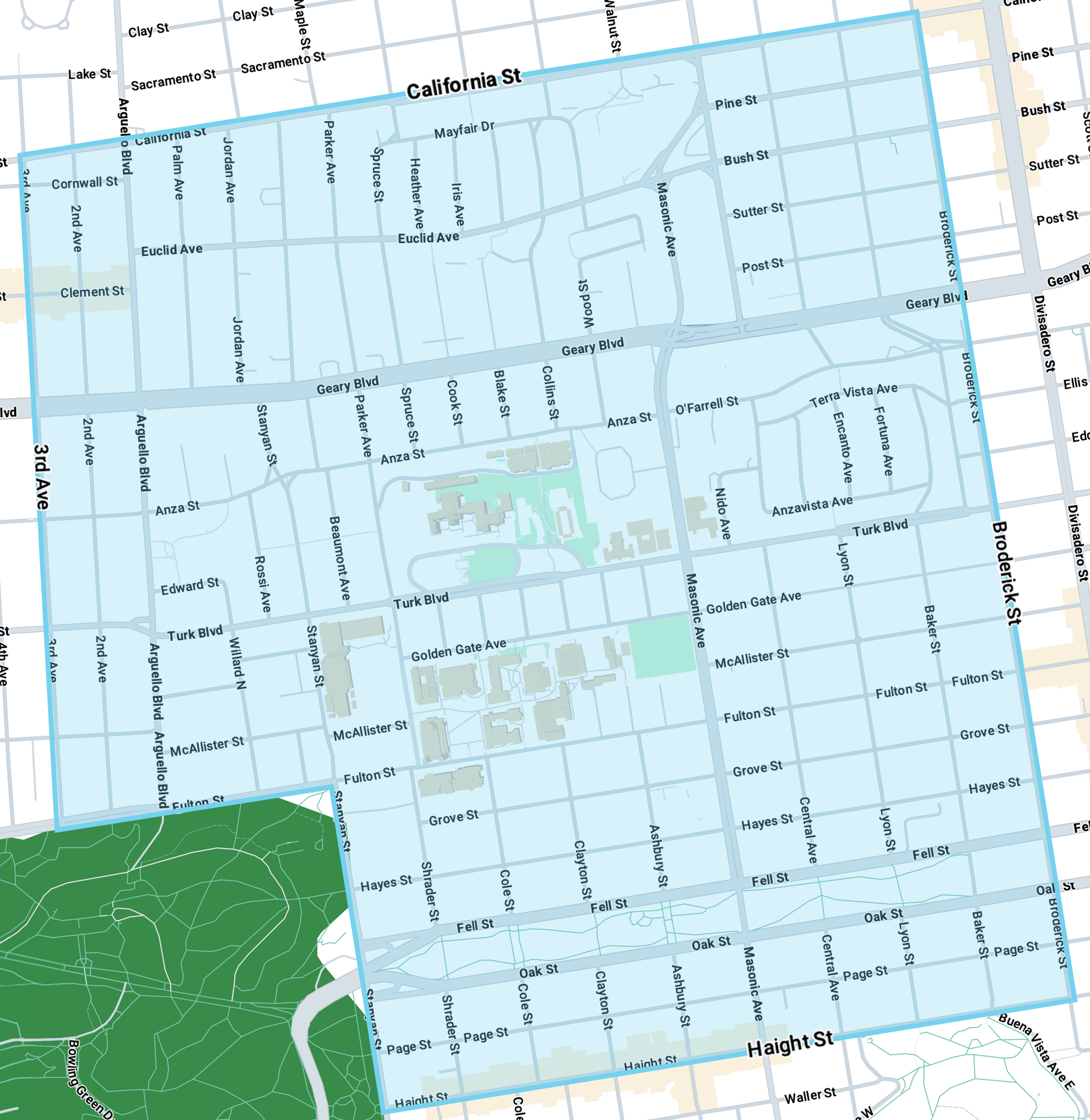 Boundary area for Koret membership: California Street to Haight Street and Lyon Street to 3rd Avenue