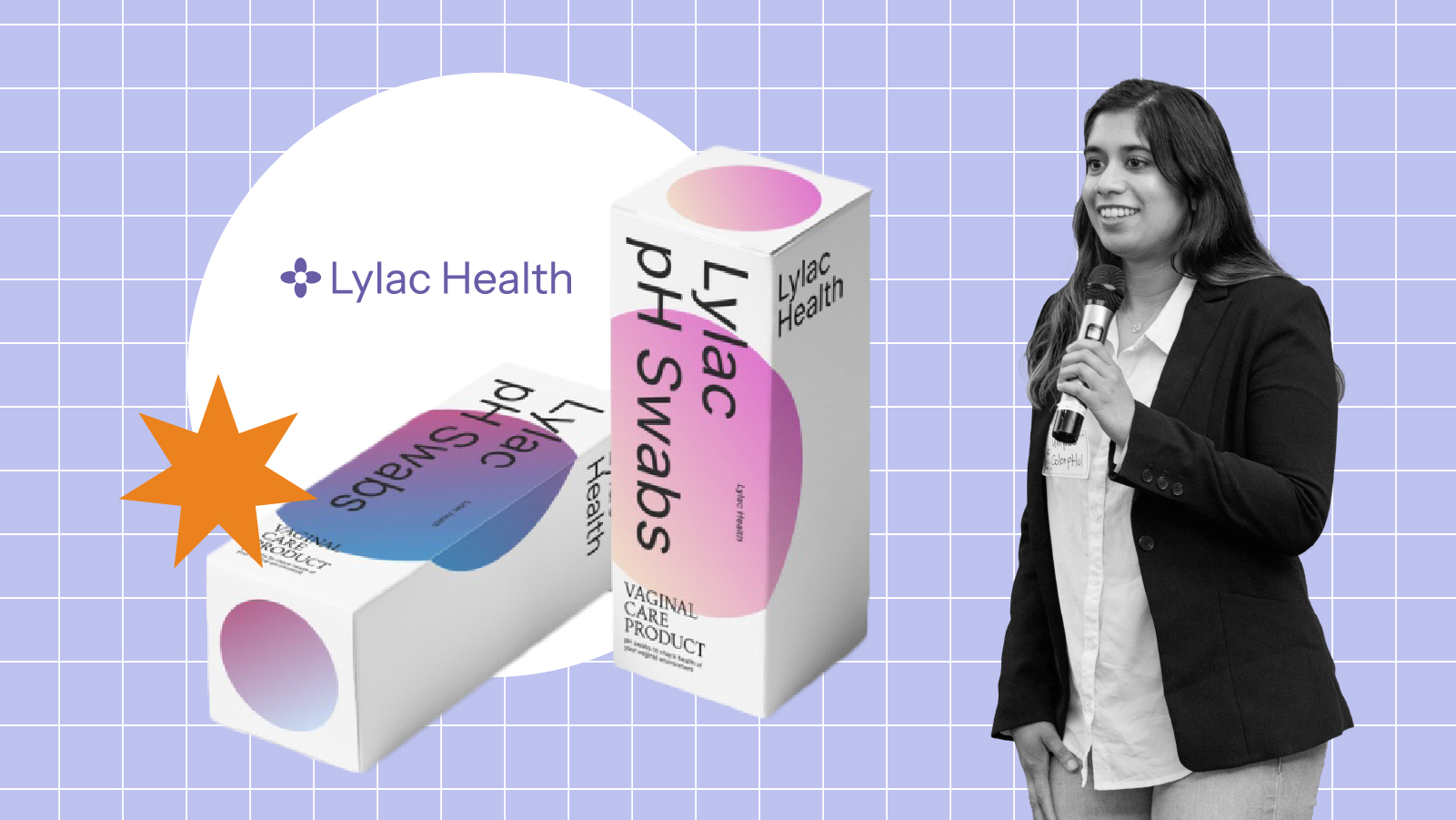 Umyeena Bashir next to the Lylac Health logo and product