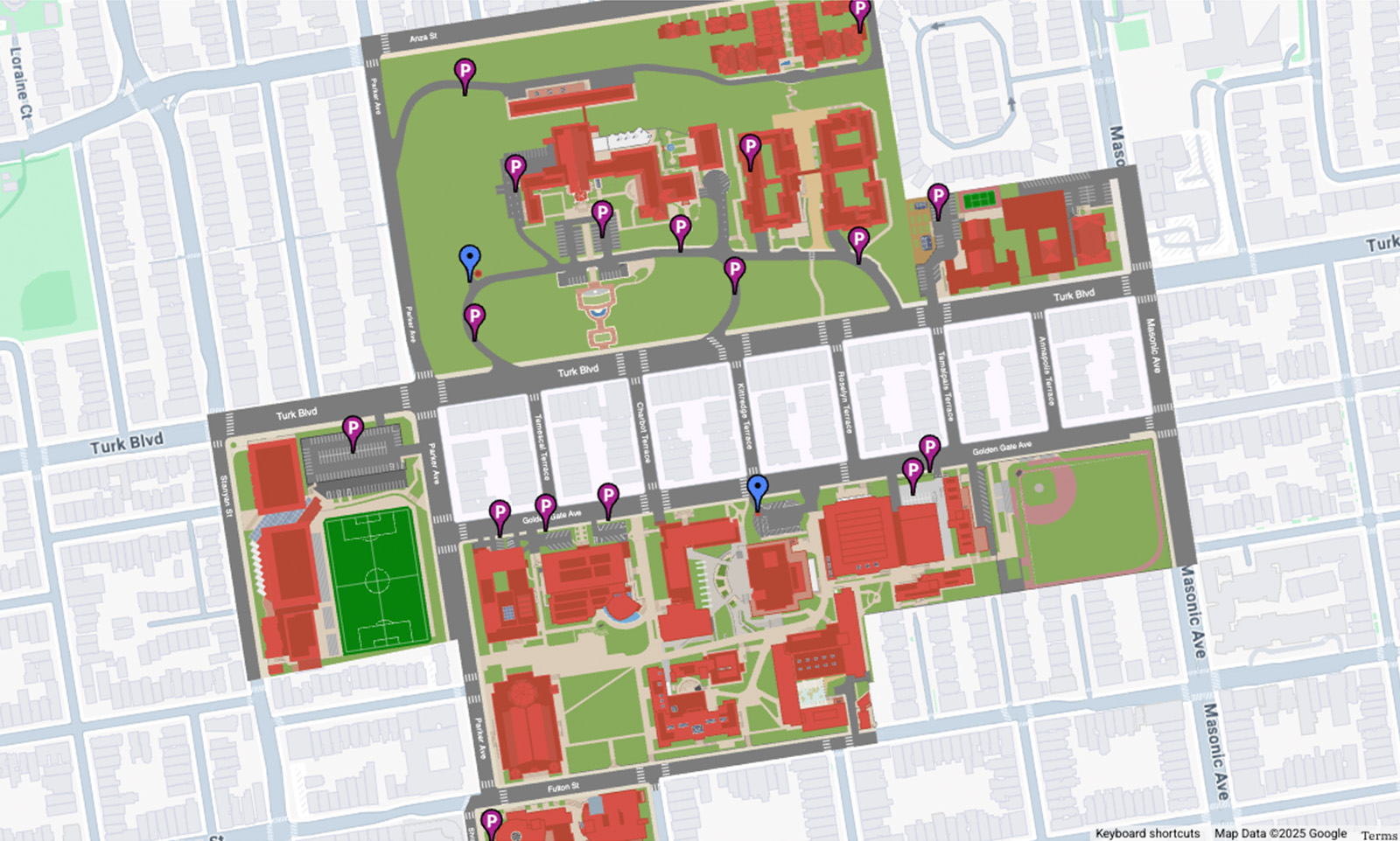 Map of USF showing locations of parking lots