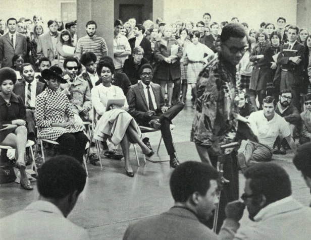 BSU members holding a protest against the way homecoming Queen candidates were chosen in 1968