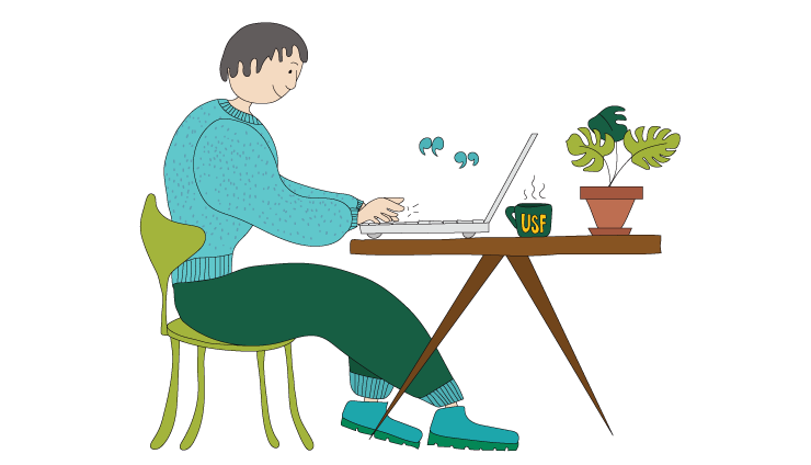 Illustration of student sitting on computer working on laptop