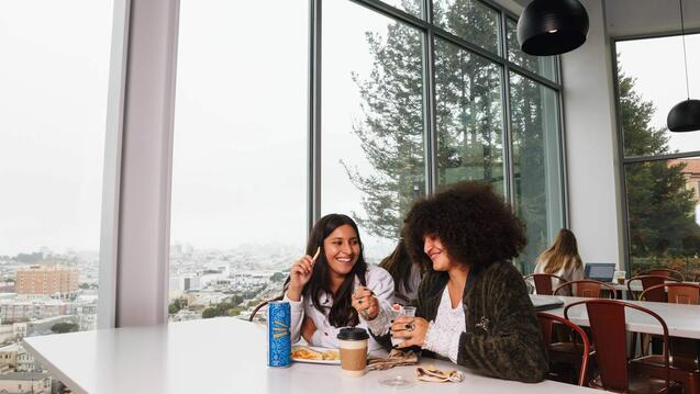 Students talking at Koret Lodge