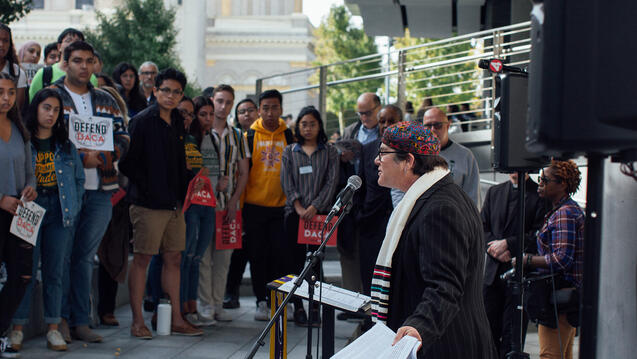 students gathered with protest signs