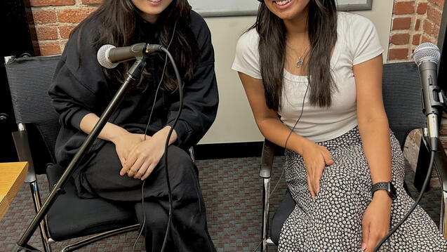 Amy Cho and Rashmi Panse sitting at USF Data Science Podcast set