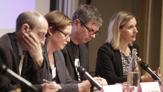 Wendy Betts, far right, at a panel discussion.