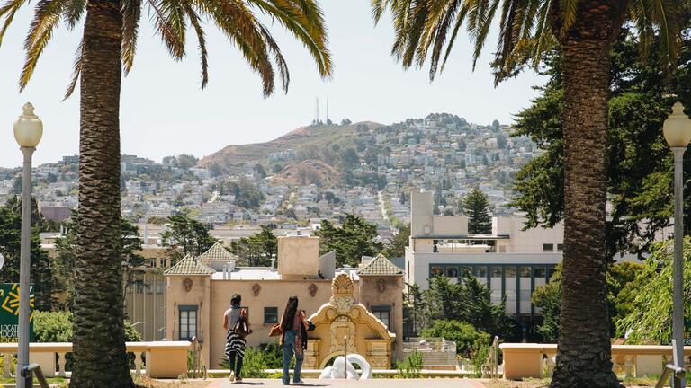 View of city between the palms of Lone Mountain.