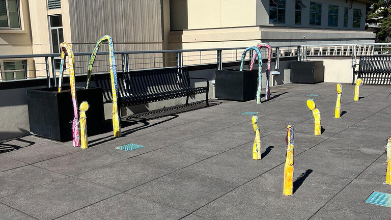 Mercy Hawkins sculptures displayed on the Kalmanovitz Hall Rooftop Sculpture Terrace.