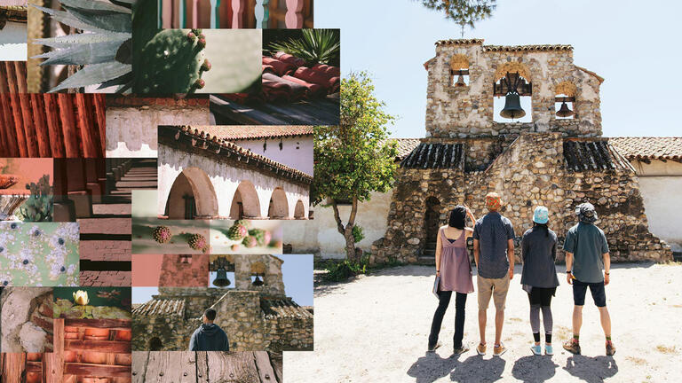 Collage of colorful California mission architecture