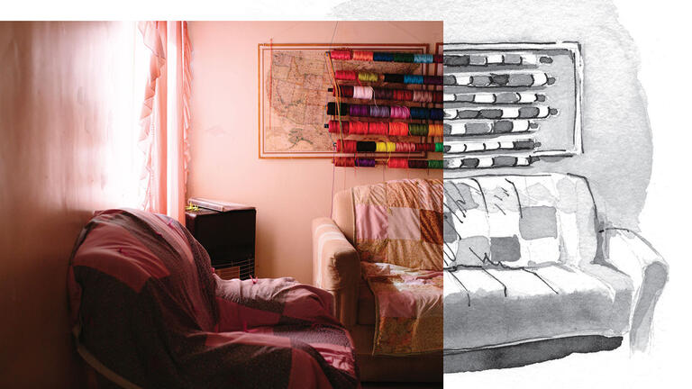 Photo and illustration of yarn hanging in spools on the wall above a cushion chair and couch 