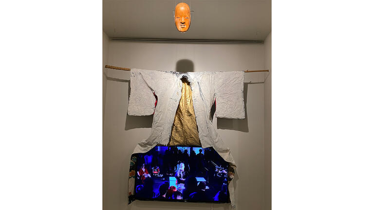 Midori, Kimono 2: What We Wear (Reliquiae), 2017, antique kimono, tempera paint, acrylic paint, bamboo, antique Noh mask (xx), and video of performance