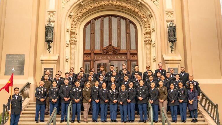 ROTC cadets on the Lone Mountain entrance stairs