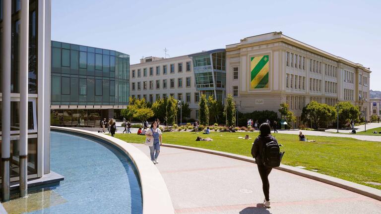 Main campus with students walking around