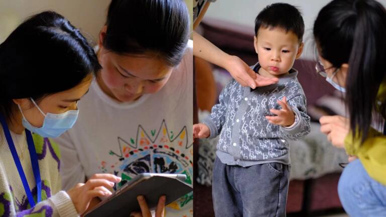 People reading and talking to a child