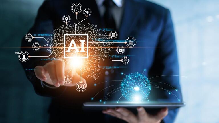 man holding AI graphic