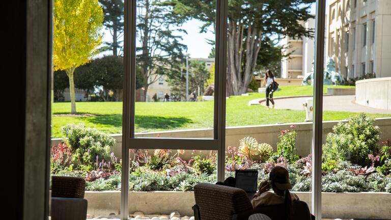 Getty study lounge looks out on Welch Field