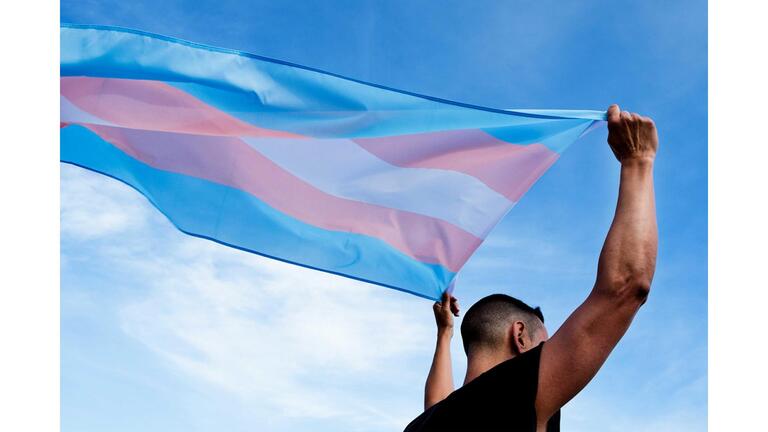 a person with their back facing the camera holding the trans pride flag