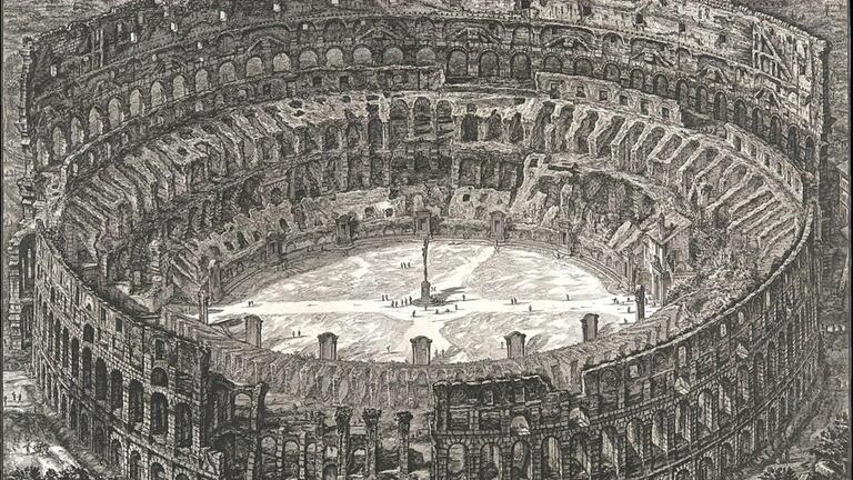 Etching of Roman coliseum with obelisk in center by Piranesi