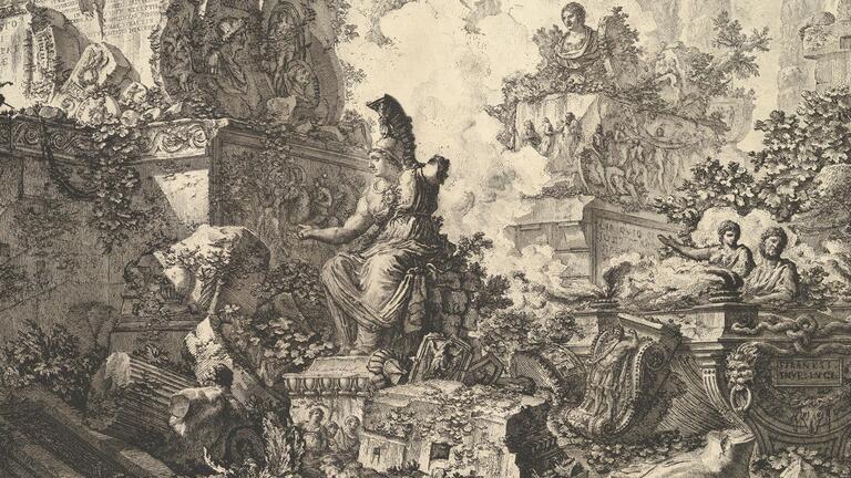 Etching by Giovanni Battista Piranesi, Fantasy of Ruins with a Statue of Minerva in the Center Foreground, from Vedute di Roma, 1748