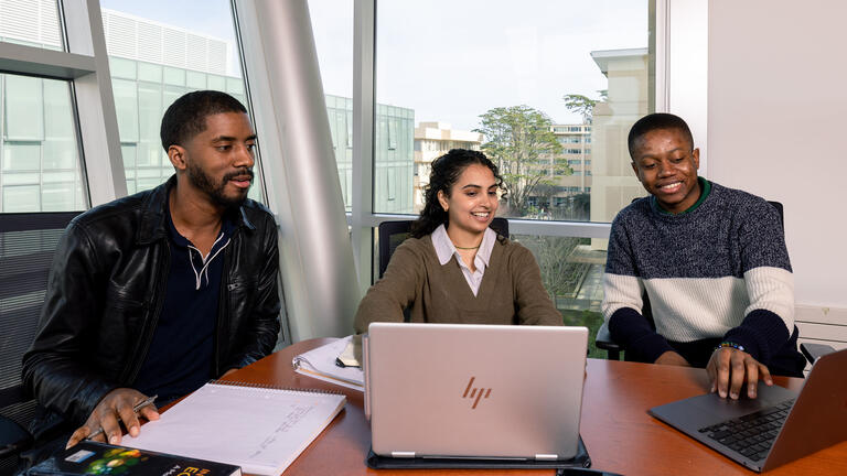 Three USF students in study room collaborating