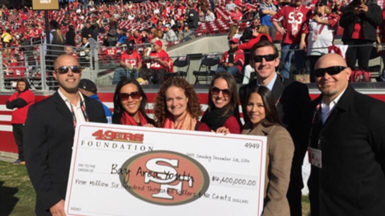 Stacy McCorkle ‘05 (second from the left) and Adjunct Faculty, Joanne Pasternack (third  from the left) at one of the San Francisco 49ers games