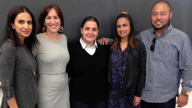 Annie Adamian IME EdD '16 poses with faculty members from the School of Education (left to right: Dr. Shabnam Koirala-Azad, Dr. Emma Fuentes, Dr. Annie Adamian, Dr. Uma Jayakumar, Dr. Patrick Camangian) 