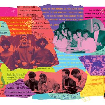 Collage of historical documents and photos of the USF Black Student Union