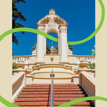 USF Lone Mountain arch with a green line winding through the arches