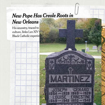 Artistic rendering of newspaper and tombstone.