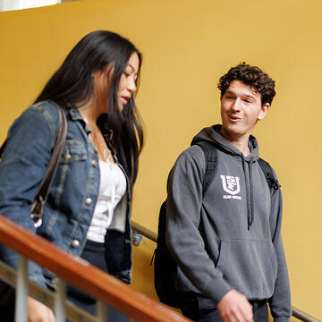 two students walk down stairs together