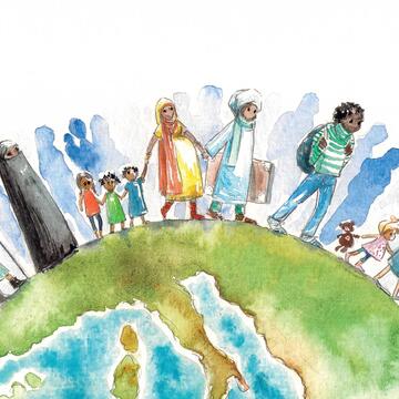 Watercolor illustration of diverse people holding hands on planet Earth