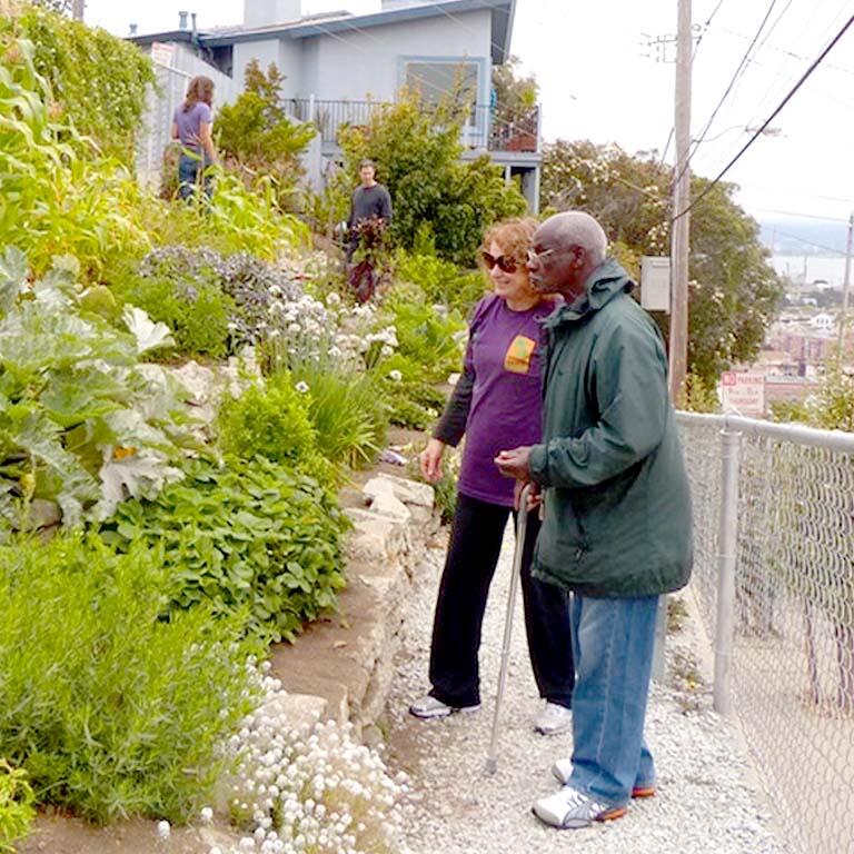 visitors enjoying the Bridgeview Learning Garden