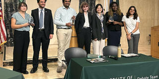 Ethan Gutterman and Rachel Strohecker of Cal Poly San Luis Obisbo, third place; Sid Kuchimanchi and Vee Witzel of George Washington University, first place; Katie Inthavong, Chisom Okorafor, and Ananya Singh of USF, second place