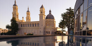 St Ignatius Church reflected in the Library mirror pool.