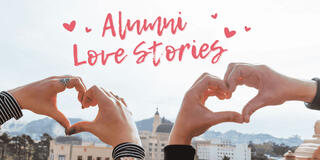 Alumni Love Stories with hearts and two people making hand hearts