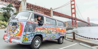 Allan Graves in van by Golden Gate Bridge