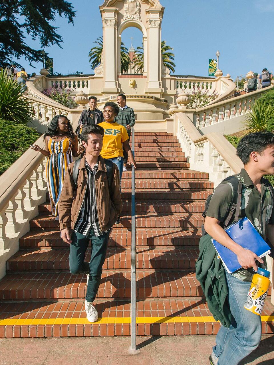 Students descend the Lone Mountain stairs.